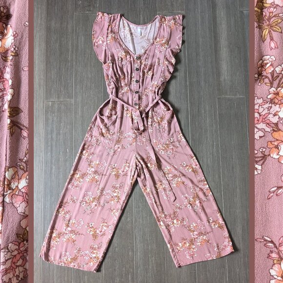 Xhilaration, Mauve Floral Cropped Jumpsuit with Ruffles, Vneck, Size S - Picture 1 of 14